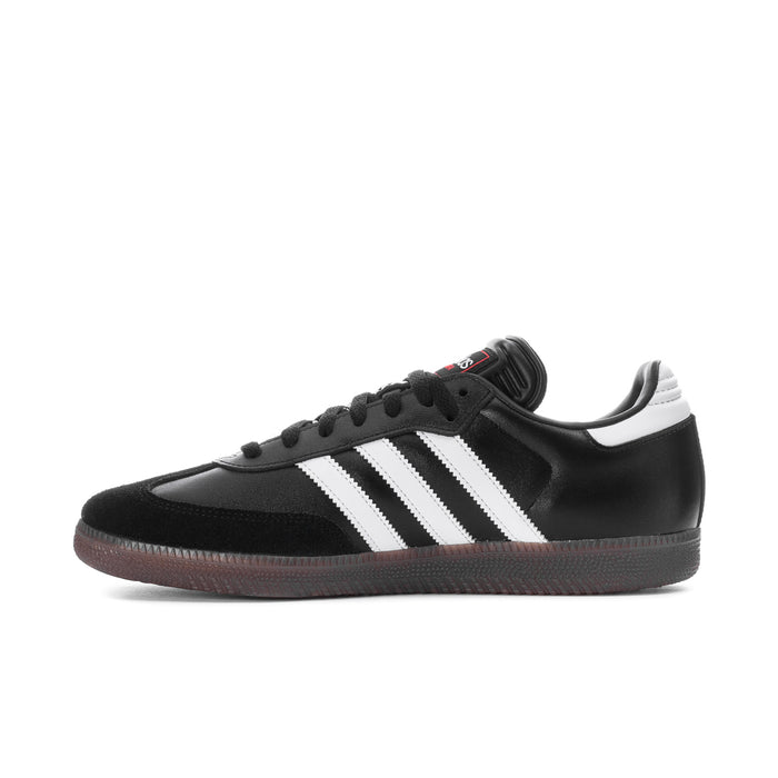 Men's black adidas Samba sneakers, front side view with white three stripes