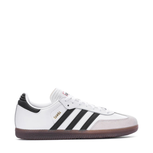Youth sneakers, white upper with black triple stripes, lace-up, gum rubber sole