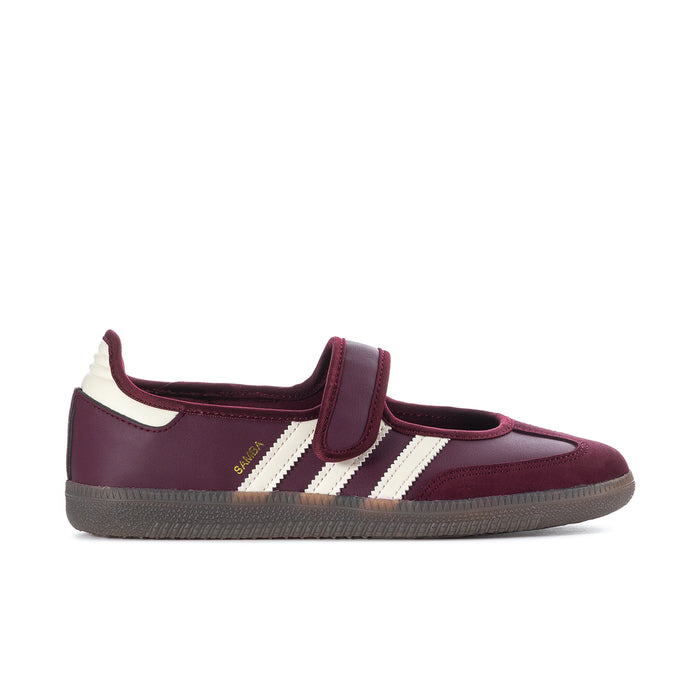 Women's maroon and cream low-top sneaker with three side stripes and hook-and-loop strap
