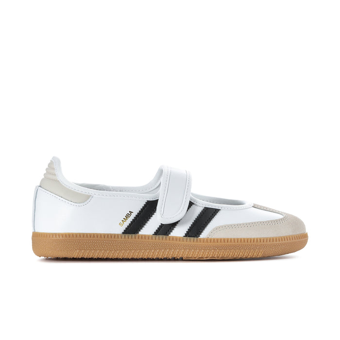 White adidas Samba Jane sneakers with black stripes and tan gum rubber sole