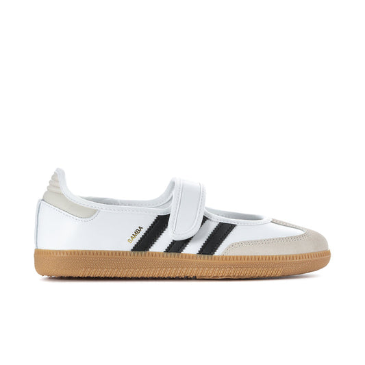 White adidas Samba Jane sneakers with black stripes and tan gum rubber sole