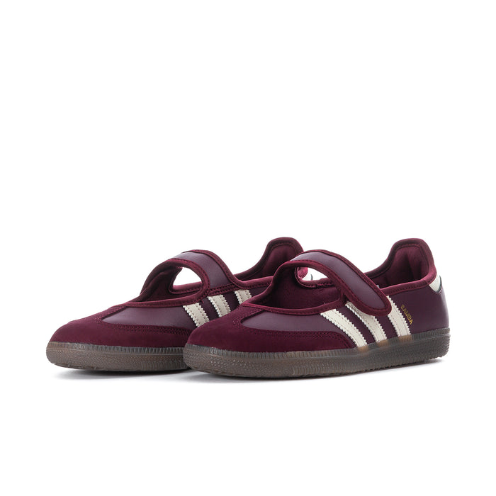 Women's maroon low-top sneaker with three side stripes and adjustable hook-and-loop strap