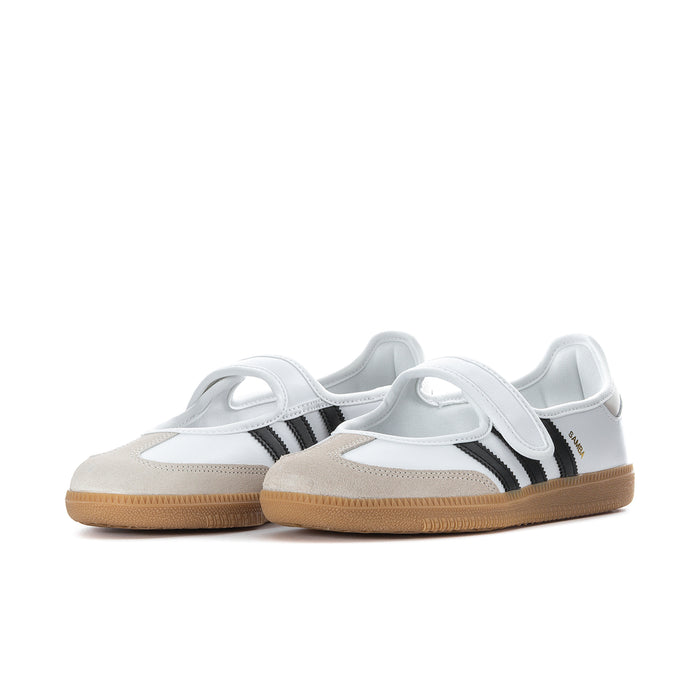 Pair of white adidas Samba Jane sneakers with hook-and-loop strap, tan gum sole