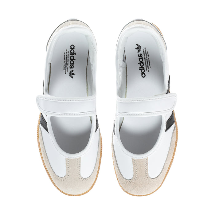 White adidas Samba Jane sneakers showing inner lining and adidas logo on tongue
