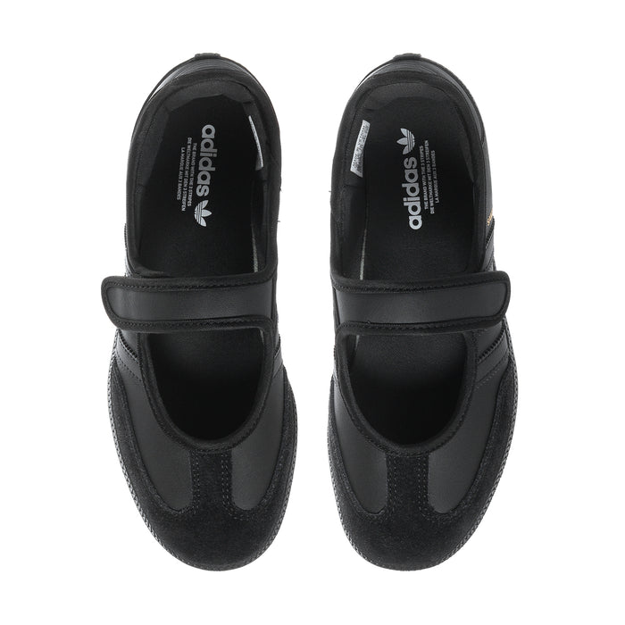 Pair of black Mary Jane sneakers showing front openings and adidas branding