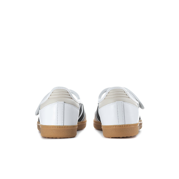 White adidas Samba Jane sneakers with black heel panel and tan gum outsole