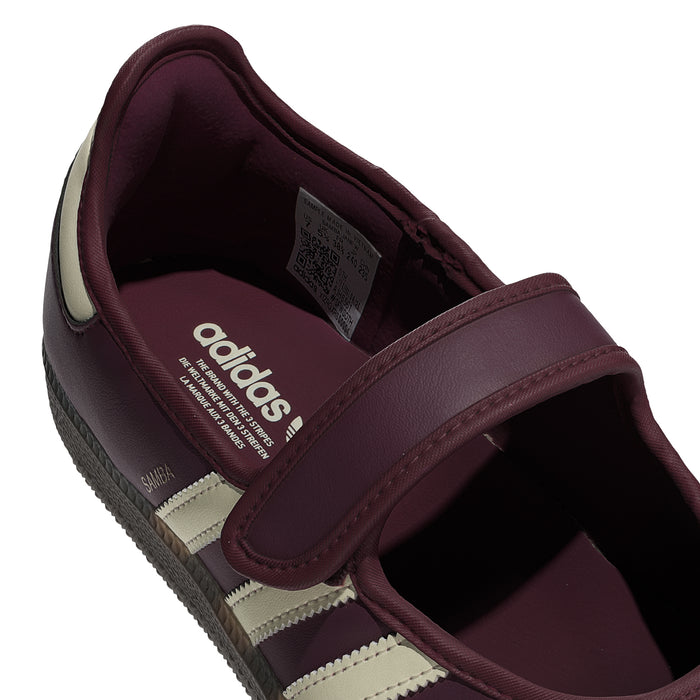 Women's maroon sneaker interior with Adidas logo and hook-and-loop strap detail