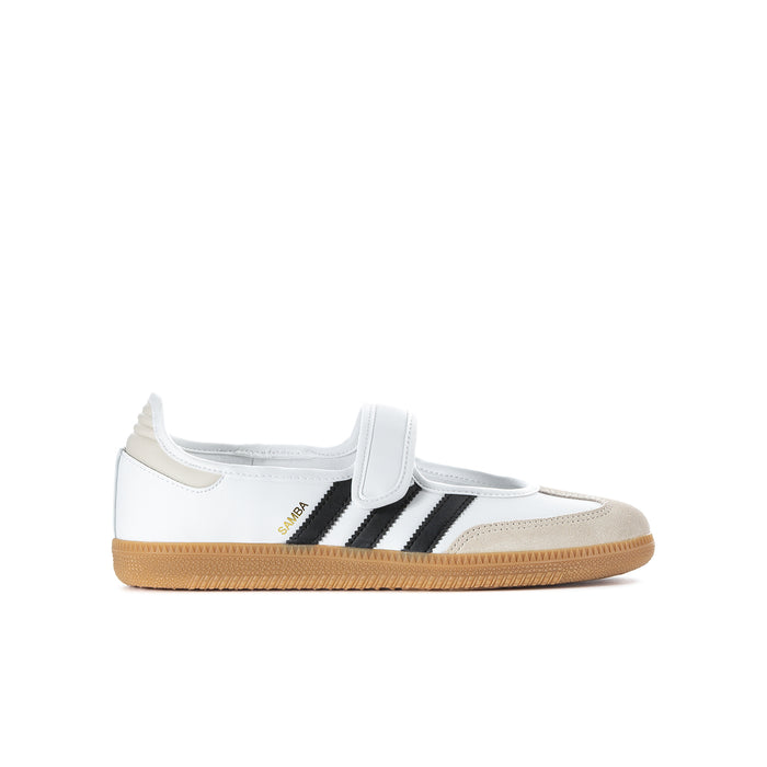 Youth Samba Jane sneakers in white with black adidas stripes and gum sole, velcro strap