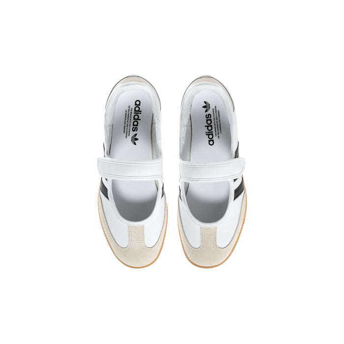 White youth sneakers with adidas branding on tongue, beige lining, gum sole