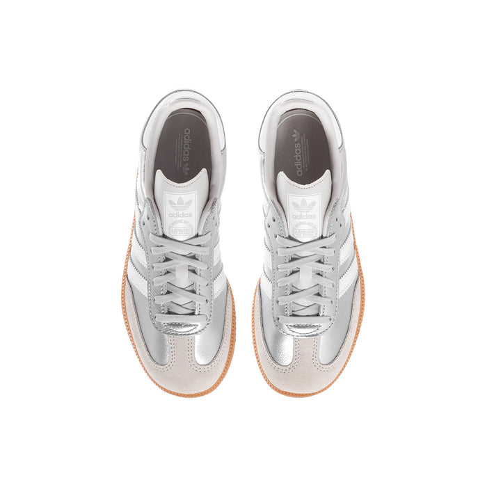 Kids Samba sneakers, pair showing tongue and laces; silver, white, gum details