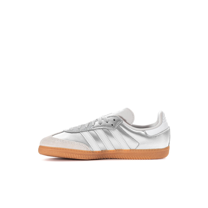 Kids low-top sneakers with side logo stripes; silver/white leather and gum sole