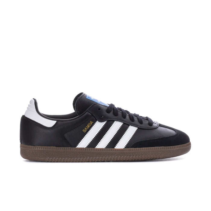 Men's adidas Samba OG low-top sneakers in black with white stripes and gum sole.