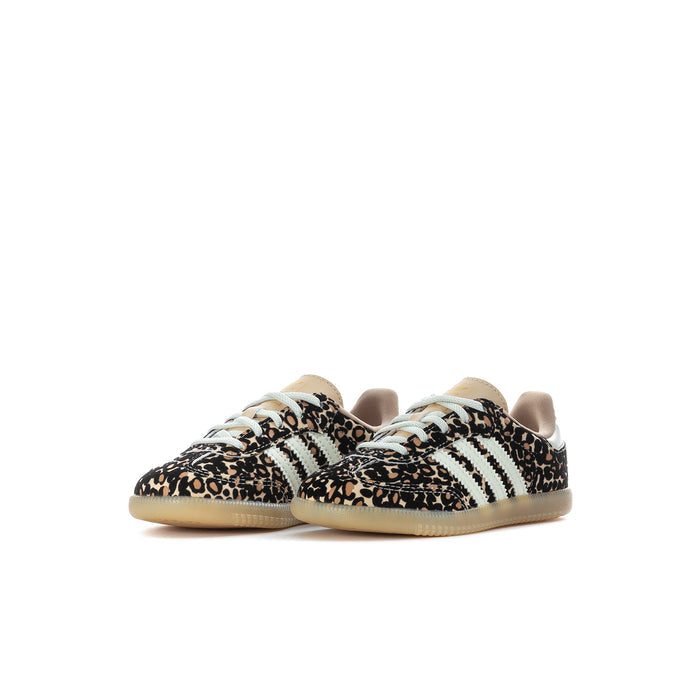 Toddler low-top sneakers, leopard print uppers with white adidas stripes, front view