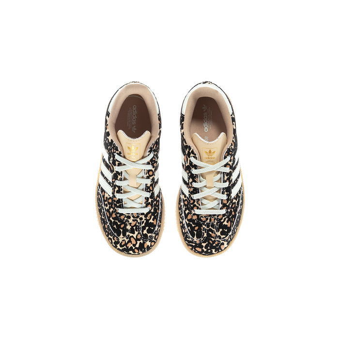 Toddler low-top sneakers with leopard print, lace-up front and tan lining, top view