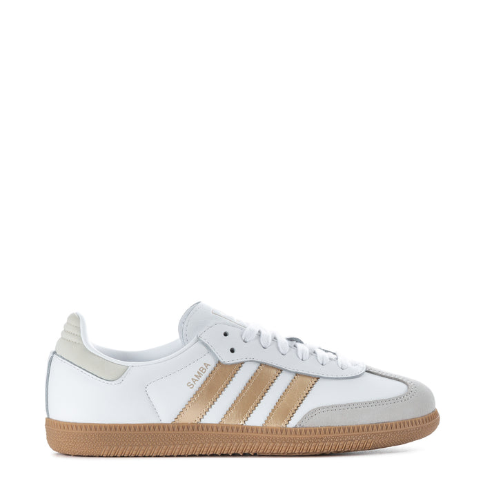 Women's adidas Samba OG low-top sneakers, white with gold stripes and gum sole