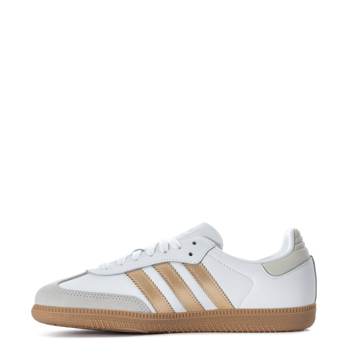 Women's adidas Samba OG low-top sneakers, white leather with gold 3-Stripes and gum sole