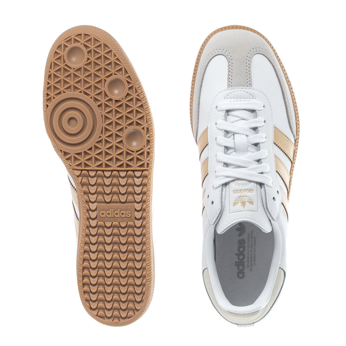 Women's adidas Samba OG sneaker outsole and heel in white and gold with gum tread