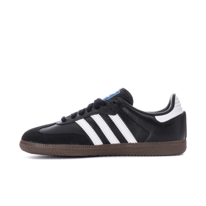 Black adidas low-top sneaker with white stripes and lace-up front, side view