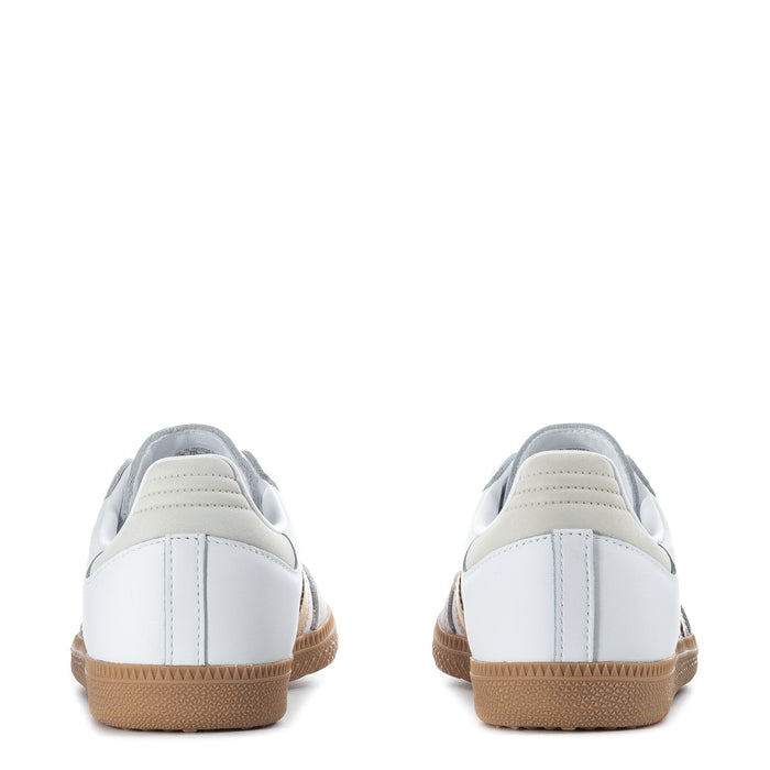 Women's adidas Samba OG sneakers, white leather heel and collar with gold-accented gum sole