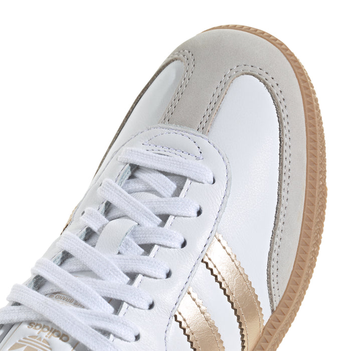 Women's adidas Samba OG lace-up sneaker, white leather with metallic gold stripe detail