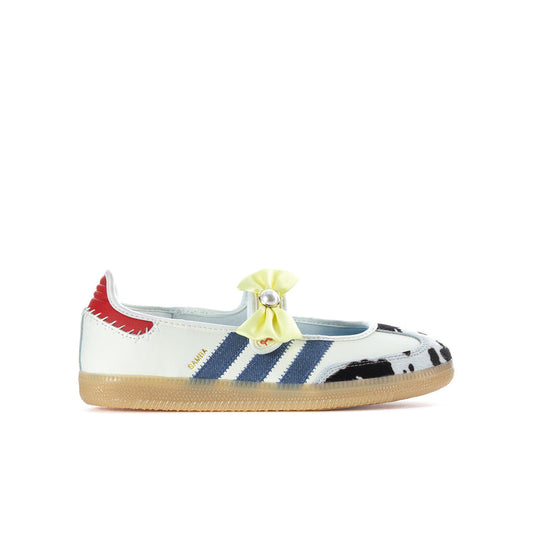 Youth sneaker in cream leather with blue stripes, cow-print toe, red heel, yellow bow.