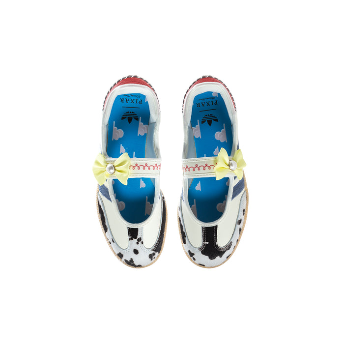 Youth sneakers showing blue patterned insoles and toe fronts with yellow bow accents.