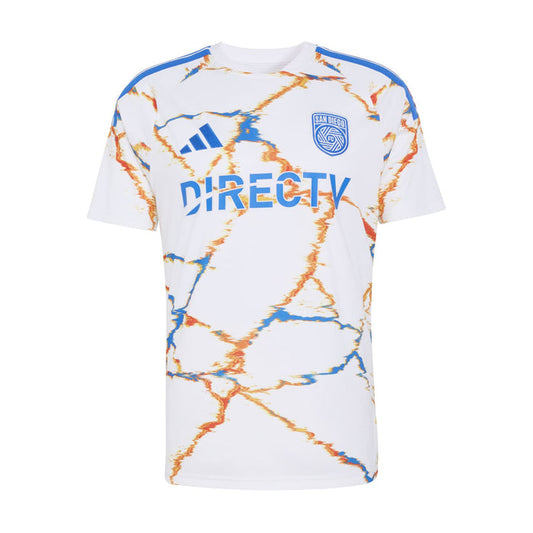 Men's white replica away soccer jersey with orange and blue abstract pattern, crest and DIRECTV