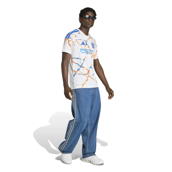 Men's white replica away soccer jersey with orange and blue splatter design, short sleeves