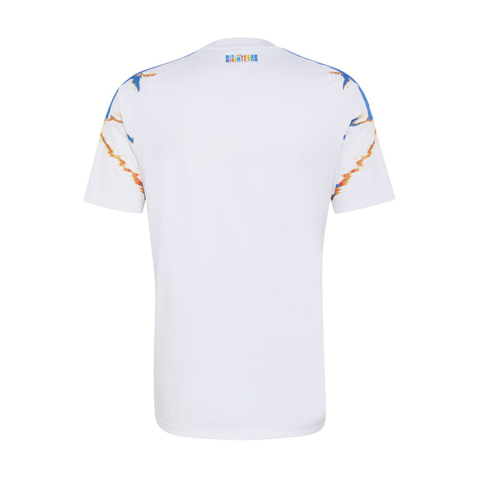 Men's white replica away soccer jersey back with small blue neck logo and orange side accents