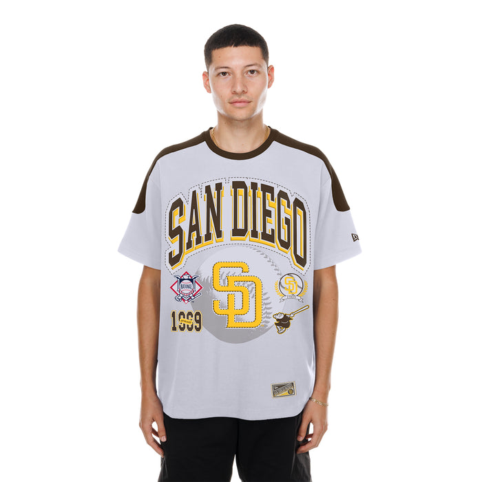 Men's white raglan varsity tee with bold San Diego Padres front logo, short sleeves
