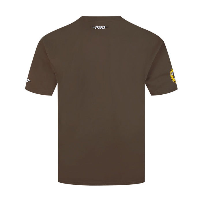 Men's brown crewneck tee back view with small white logo at neckline and side print