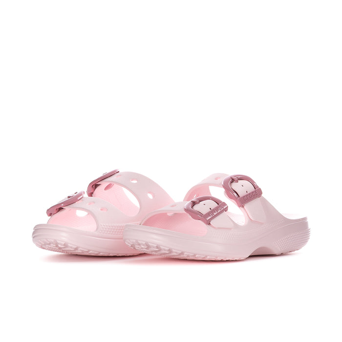 Women's light pink slide sandal with double straps and rubber outsole