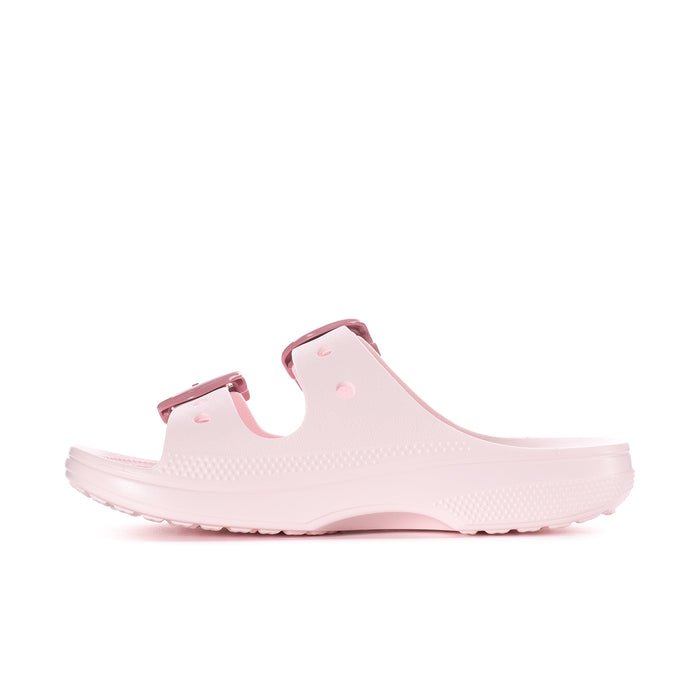 Women's light pink sandal side view with two buckles and textured outsole