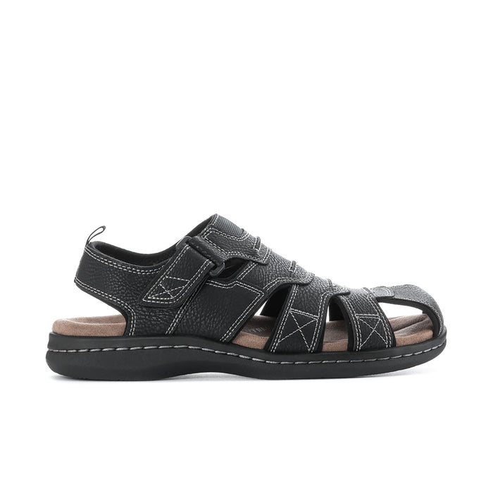 Men's black leather-look sandals with hook-and-loop straps and padded footbed