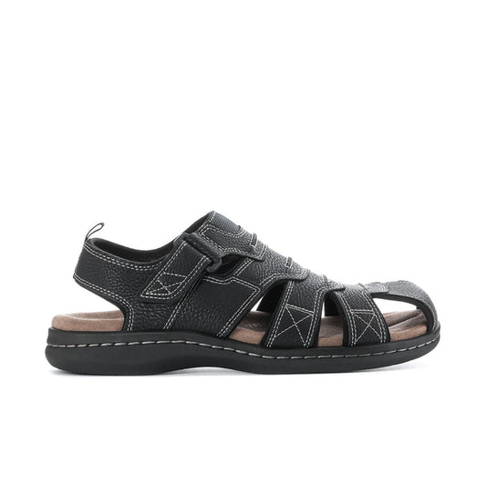 Men's black leather-look sandals with hook-and-loop straps and padded footbed