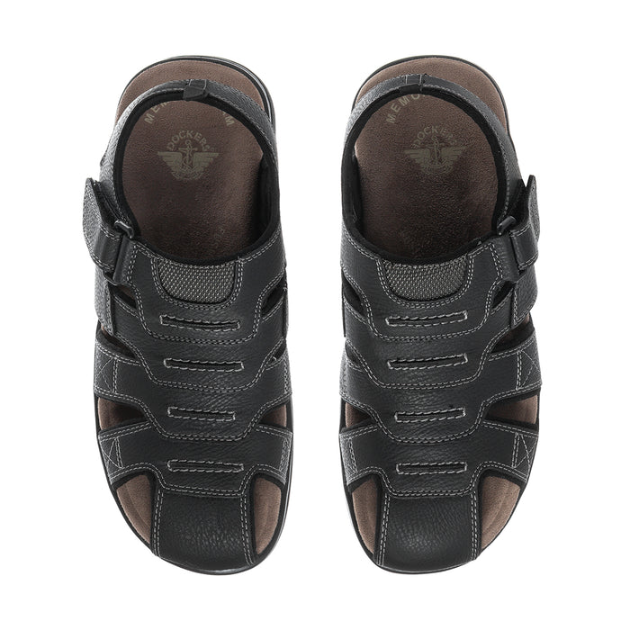 Men's black sandals, top view with cushioned heel and stitched strap details