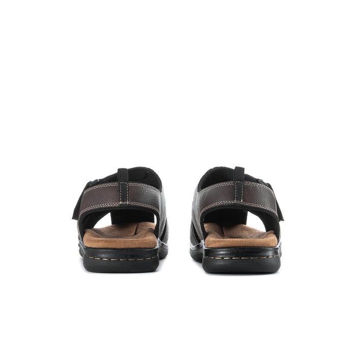 Men's brown sandals heel view with back strap and cushioned sole