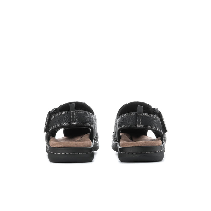 Men's black sandals, back view with adjustable ankle strap and cushioned heel