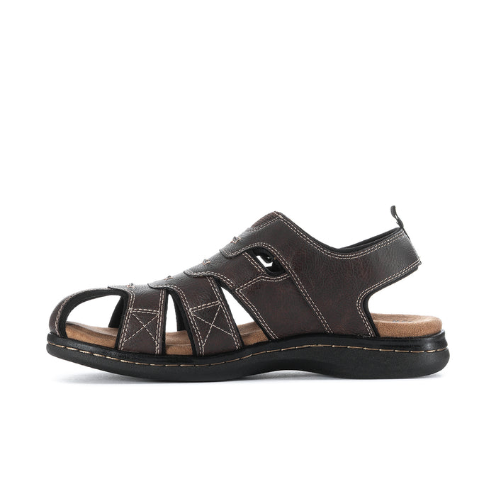 Men's brown sandal side profile with open toe and hook-and-loop strap