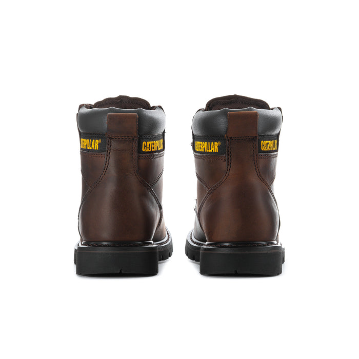 Back view of brown lace-up work boots with black heel collar and Caterpillar logo