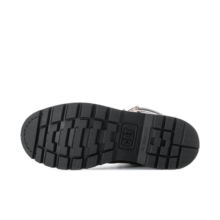 Black outsole of a work boot showing deep tread pattern for traction