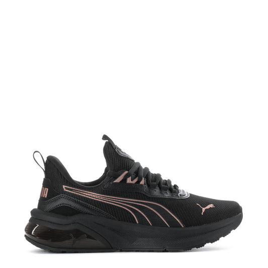 Black women's running sneakers with rose-gold Puma logo accents and lace-up design
