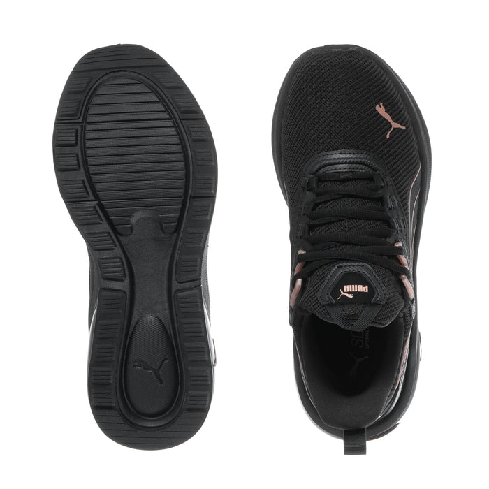 Black sneaker outsole and top opening view with lace closure and Puma mark detail