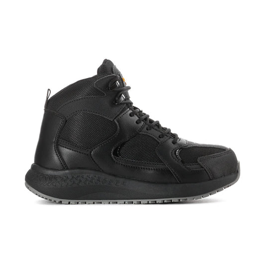 Black mid work boot with steel-toe style cap, lace-up design, and rugged tread sole