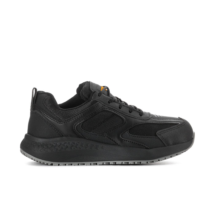Black womens slip-resistant sneaker with lace-up front and textured midsole