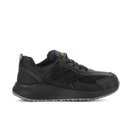 Black womens slip-resistant sneaker with lace-up front and textured midsole