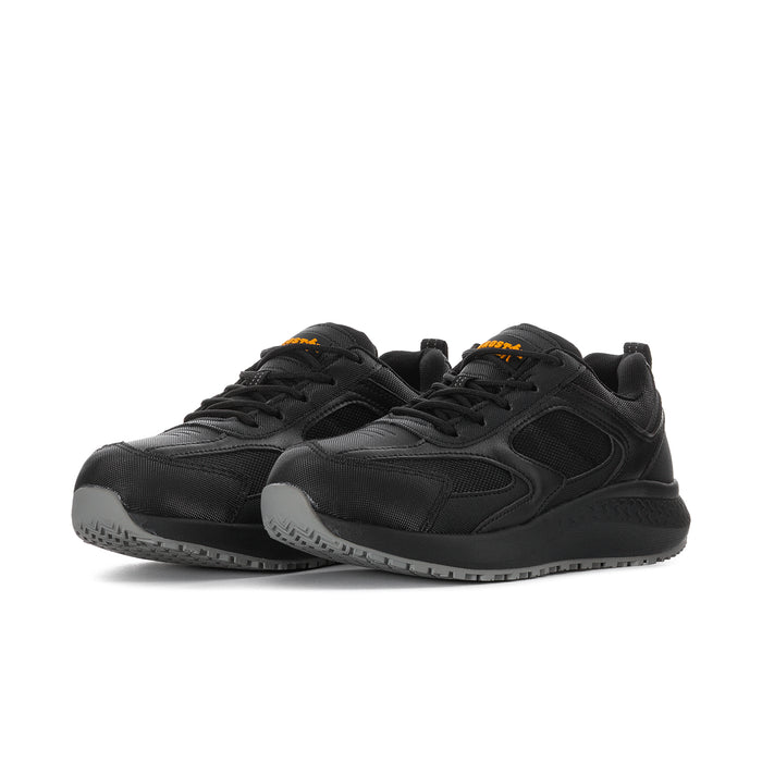 Black womens lace-up slip-resistant sneakers, two shoes shown from front/side