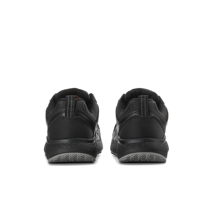 Black womens slip-resistant sneakers from heel view with loop pull tab