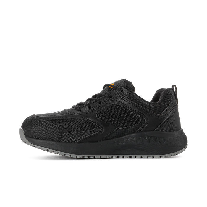 Black womens lace-up slip-resistant sneaker with mesh panels and side logo