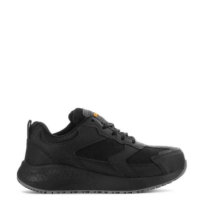 Black women's athletic safety sneaker with lace-up closure and cushioned midsole